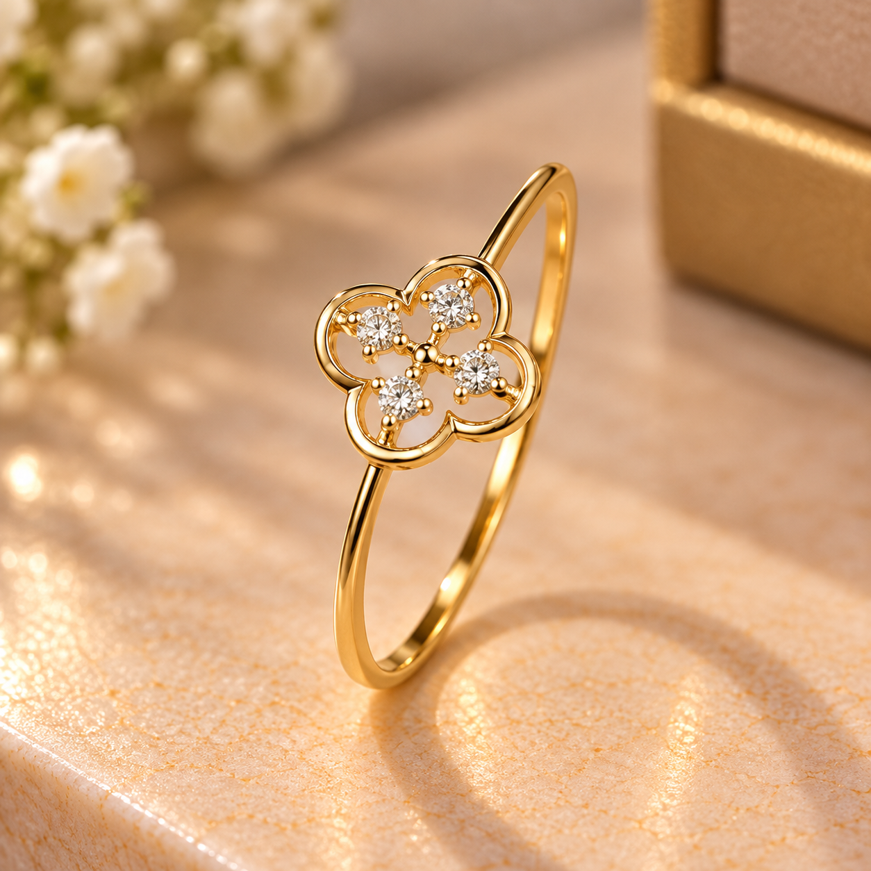 Four-Petal Gold Diamond Ring